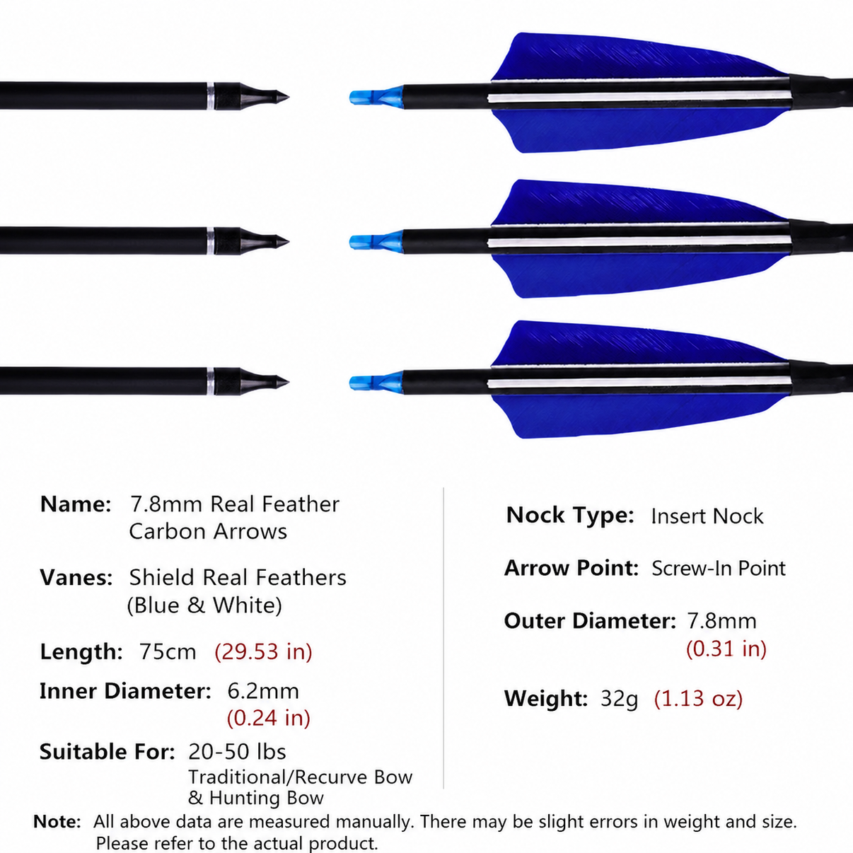 7.8mm real feather carbon arrows with blue and white shield vanes, insert nocks and screw-in points for traditional recurve and hunting bows