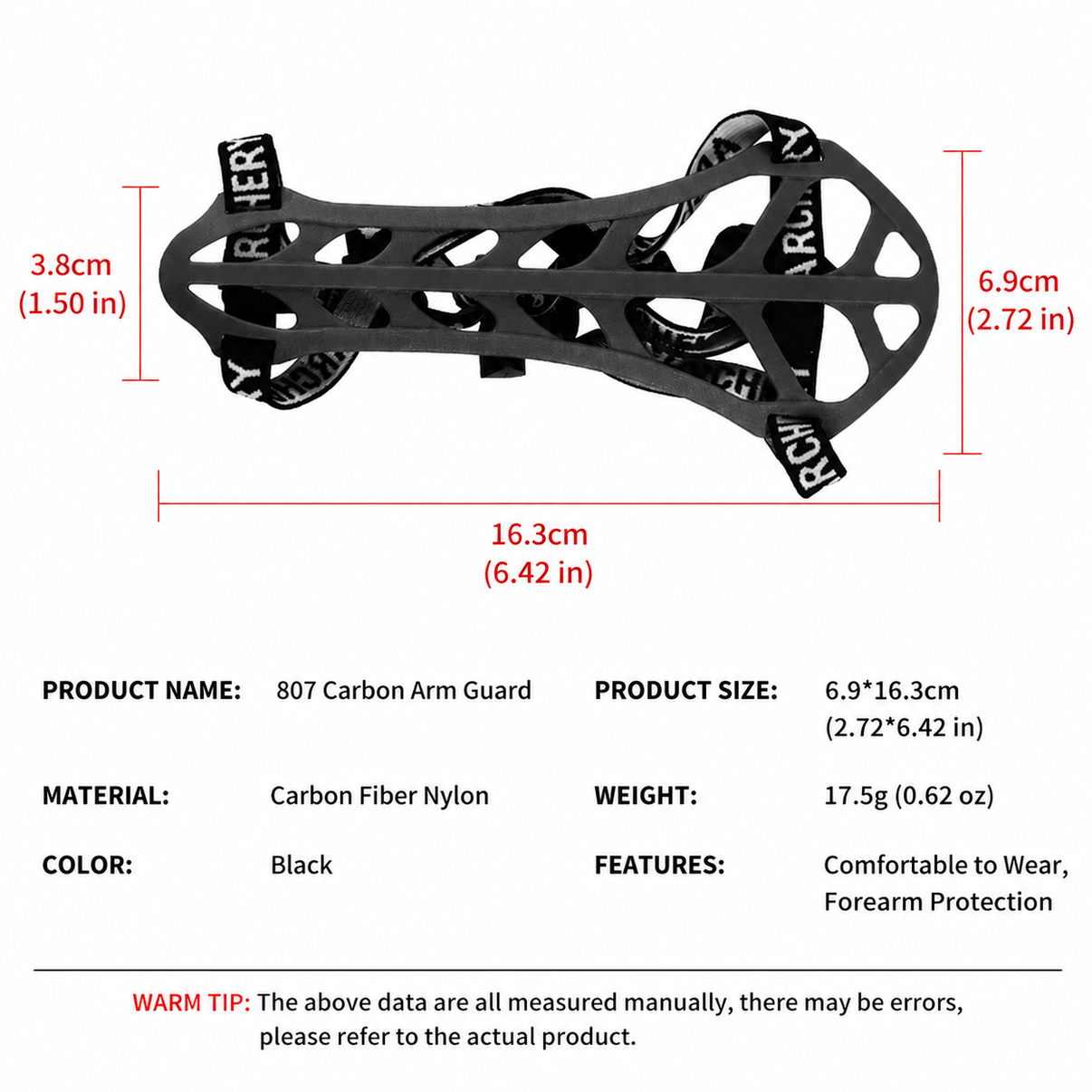 807 carbon nylon archery arm guard size specifications with dimensions and product details