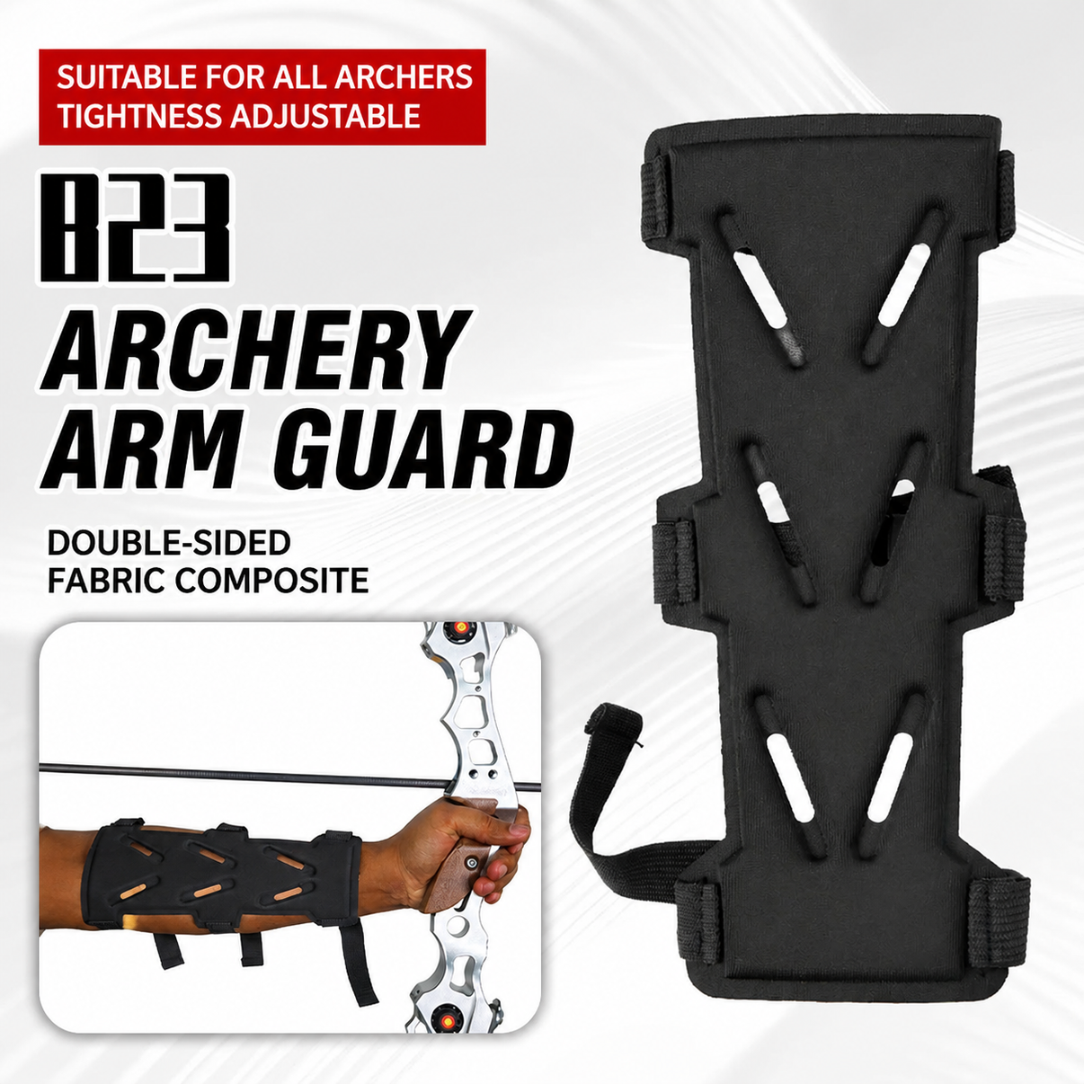 823 archery arm guard with double-sided fabric composite material and adjustable straps for bow shooting