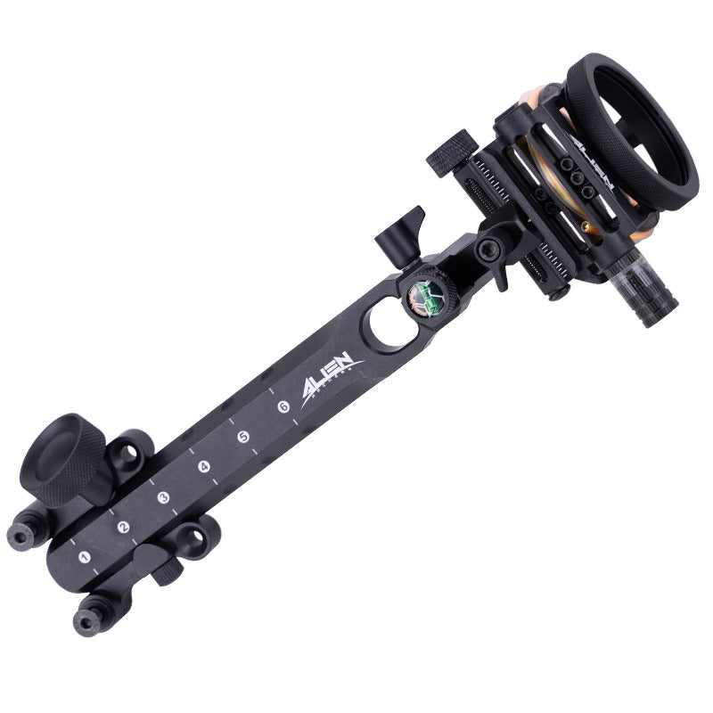 Adjustable 5 pin compound bow sight with long bar design and 0.019 fiber optic pins on white background