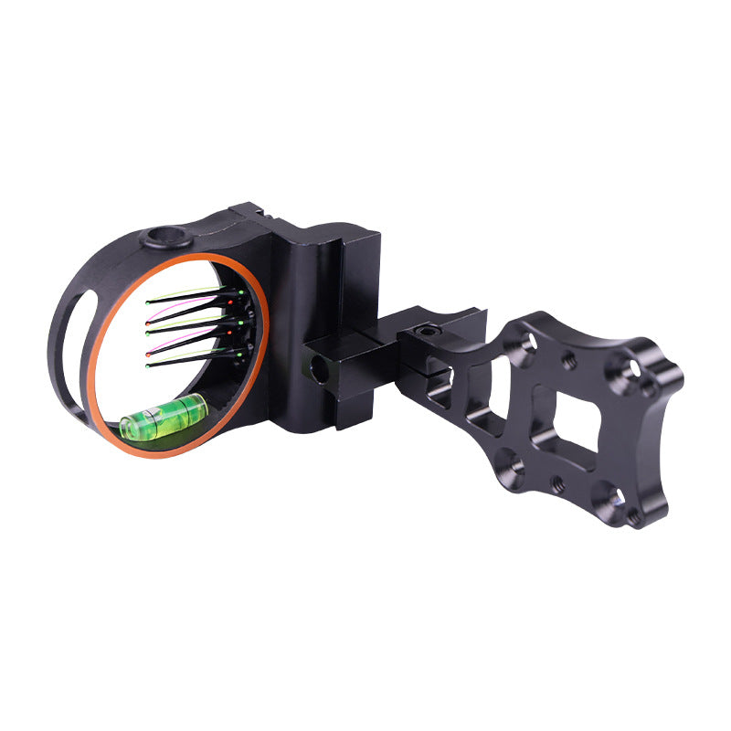 Adjustable 5 pin compound bow sight with 0.019 fiber optic pins and built-in bubble level on white background