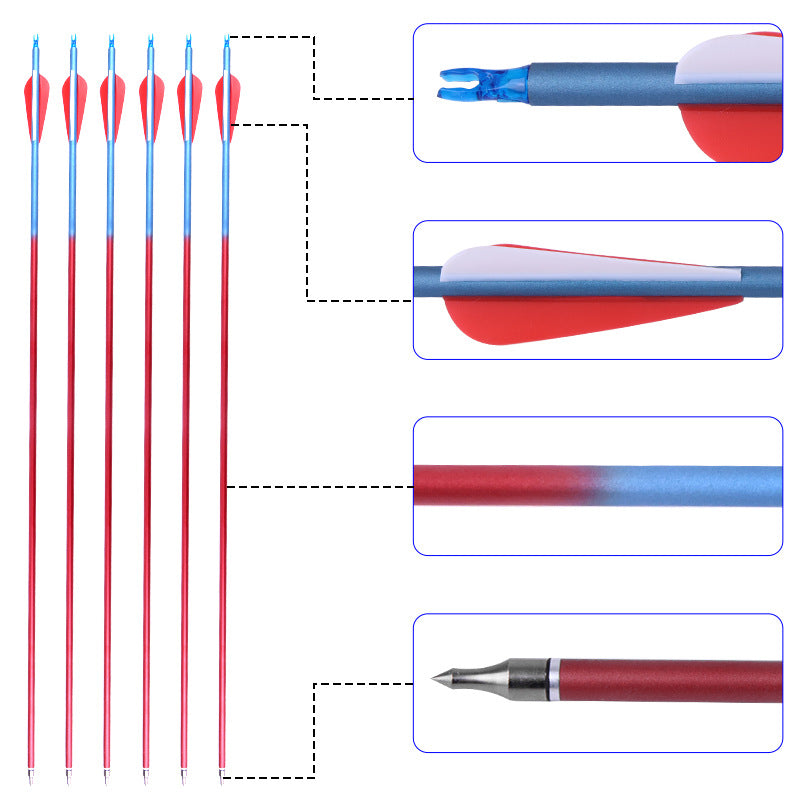 7.8mm flame carbon arrows detail view showing insert nock, waterdrop vanes, carbon composite shaft and screw-in field point
