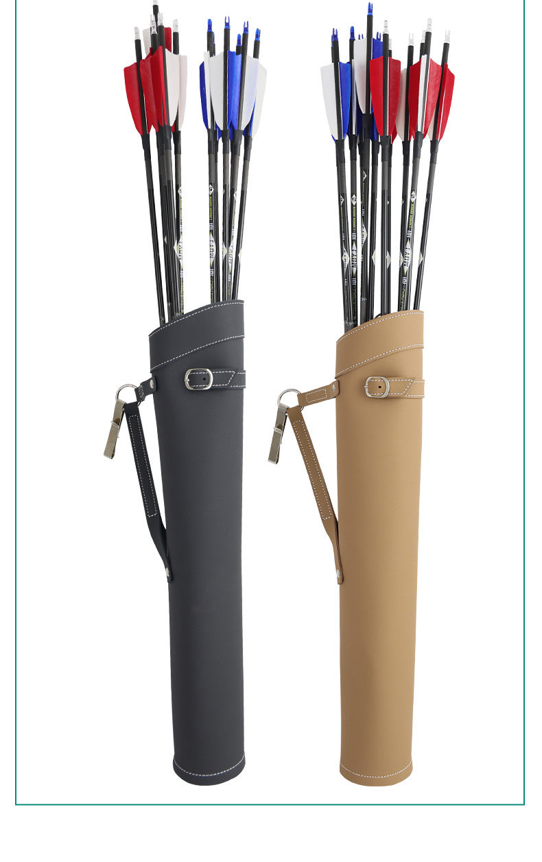 Black and brown leather arrow quiver set with arrows showing dual color options for archery equipment storage