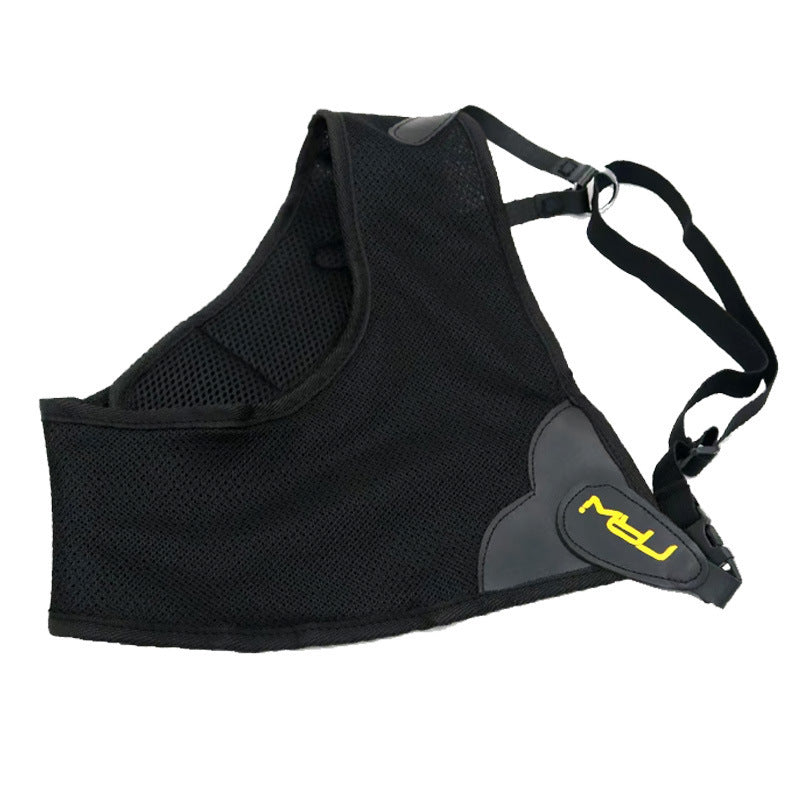 Black mesh archery chest guard with adjustable strap for bow shooting protection and comfortable fit