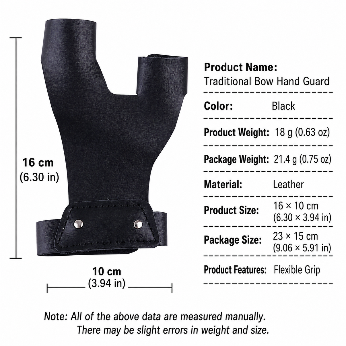 Black traditional archery leather hand guard size specifications with flexible grip and adjustable wrist protection