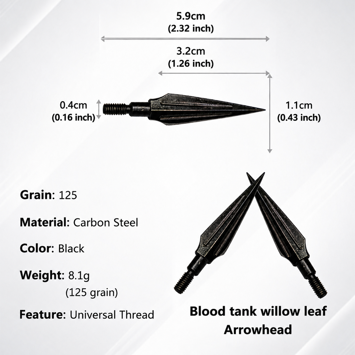 Blood tank willow leaf arrowhead 125 grain carbon steel threaded broadhead with size specifications