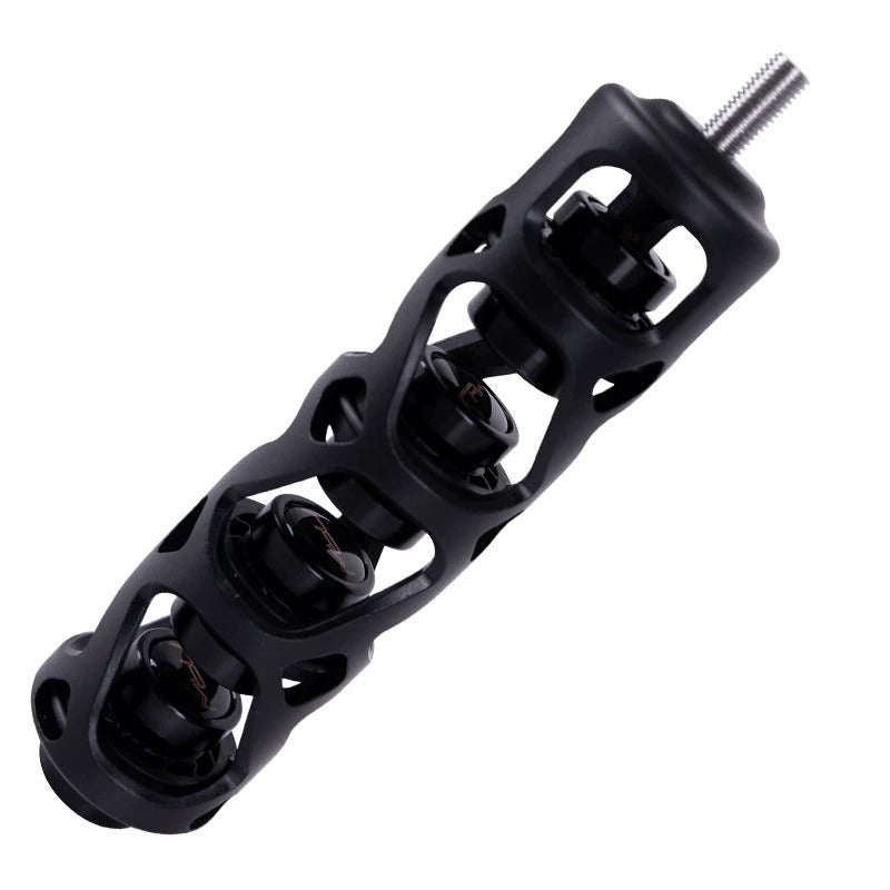 Angled product shot of a black 618 compound bow stabilizer with hollow aluminum body and internal damping structure