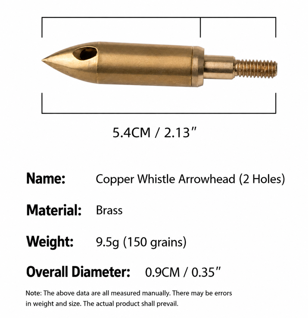 Copper whistle arrowhead with 2 holes, brass arrow tip measuring 5.4cm length and 0.9cm diameter
