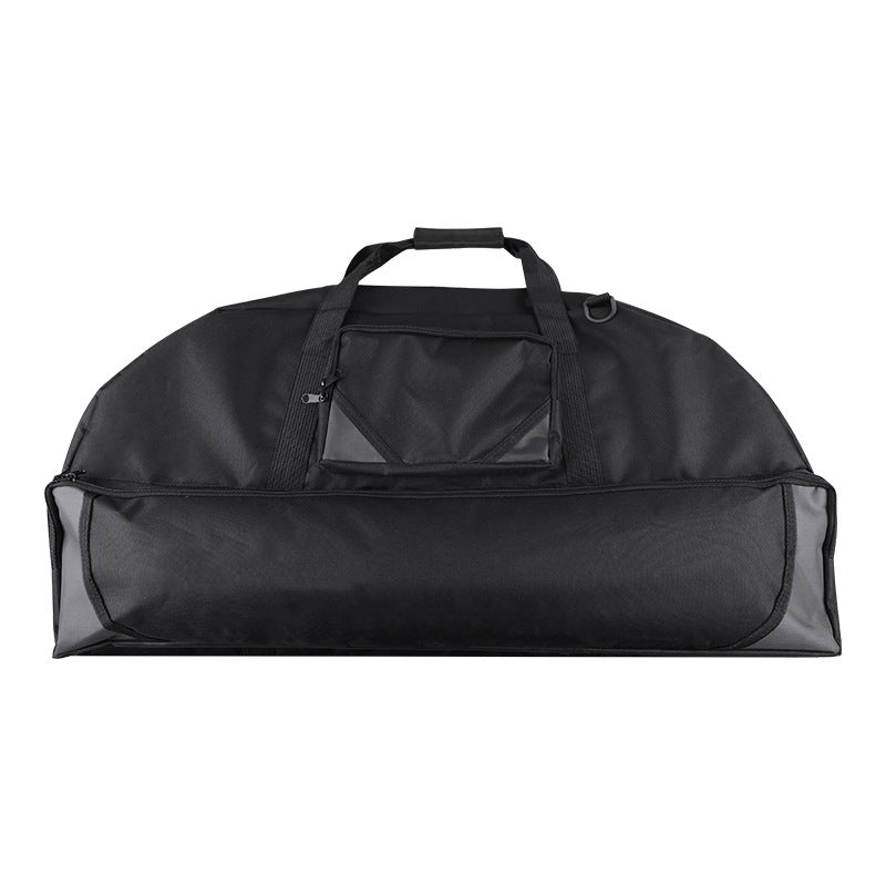 Black dual layer compound bow case front view with durable fabric and carrying handle for hunting archery gear