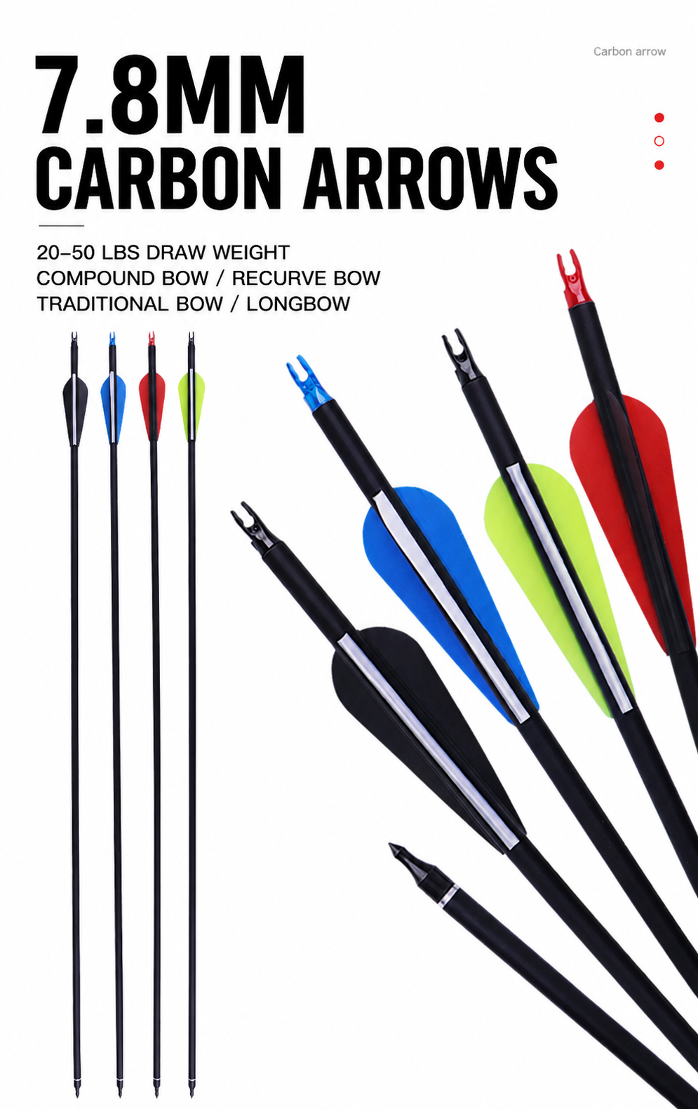 7.8mm carbon arrows for compound bows with colorful shield vanes and screw-in field points