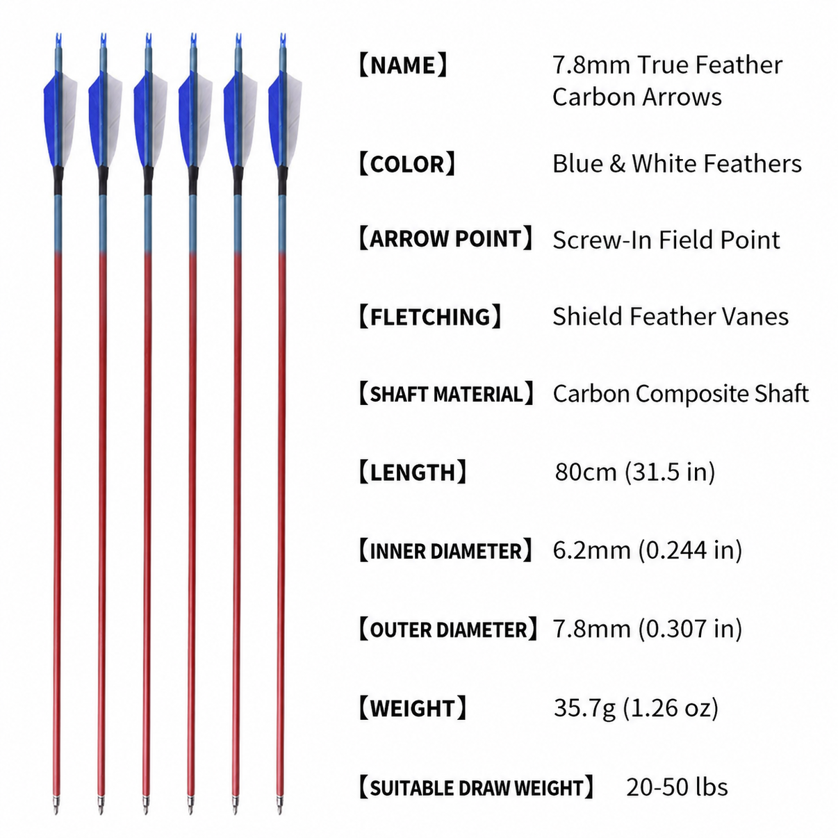 7.8mm true feather carbon arrows with blue and white shield feather vanes, screw-in field points and detailed specifications