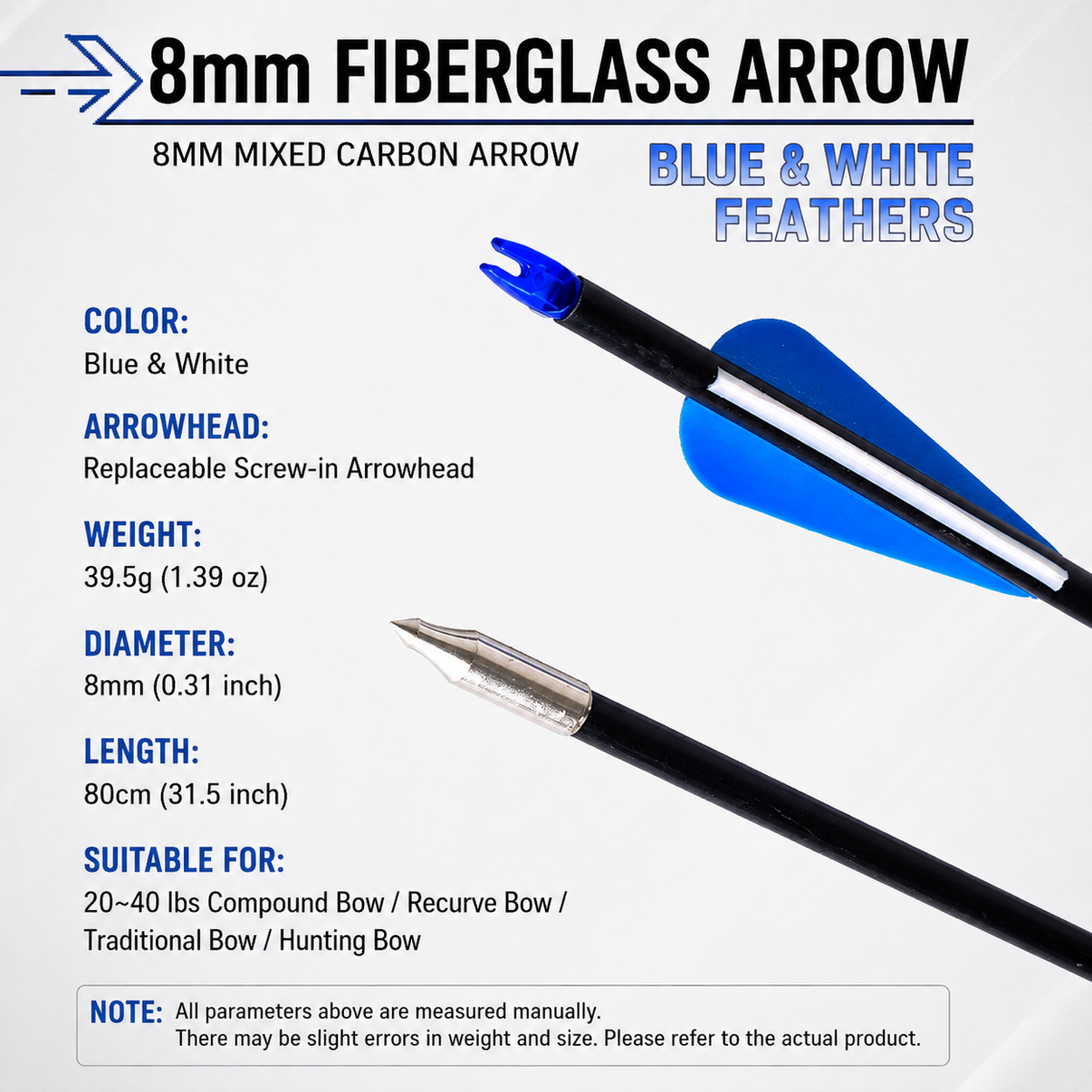 Falcon Bow 8mm fiberglass arrow with blue and white fletching, replaceable screw-in arrowhead, 80cm length and 39.5g weight