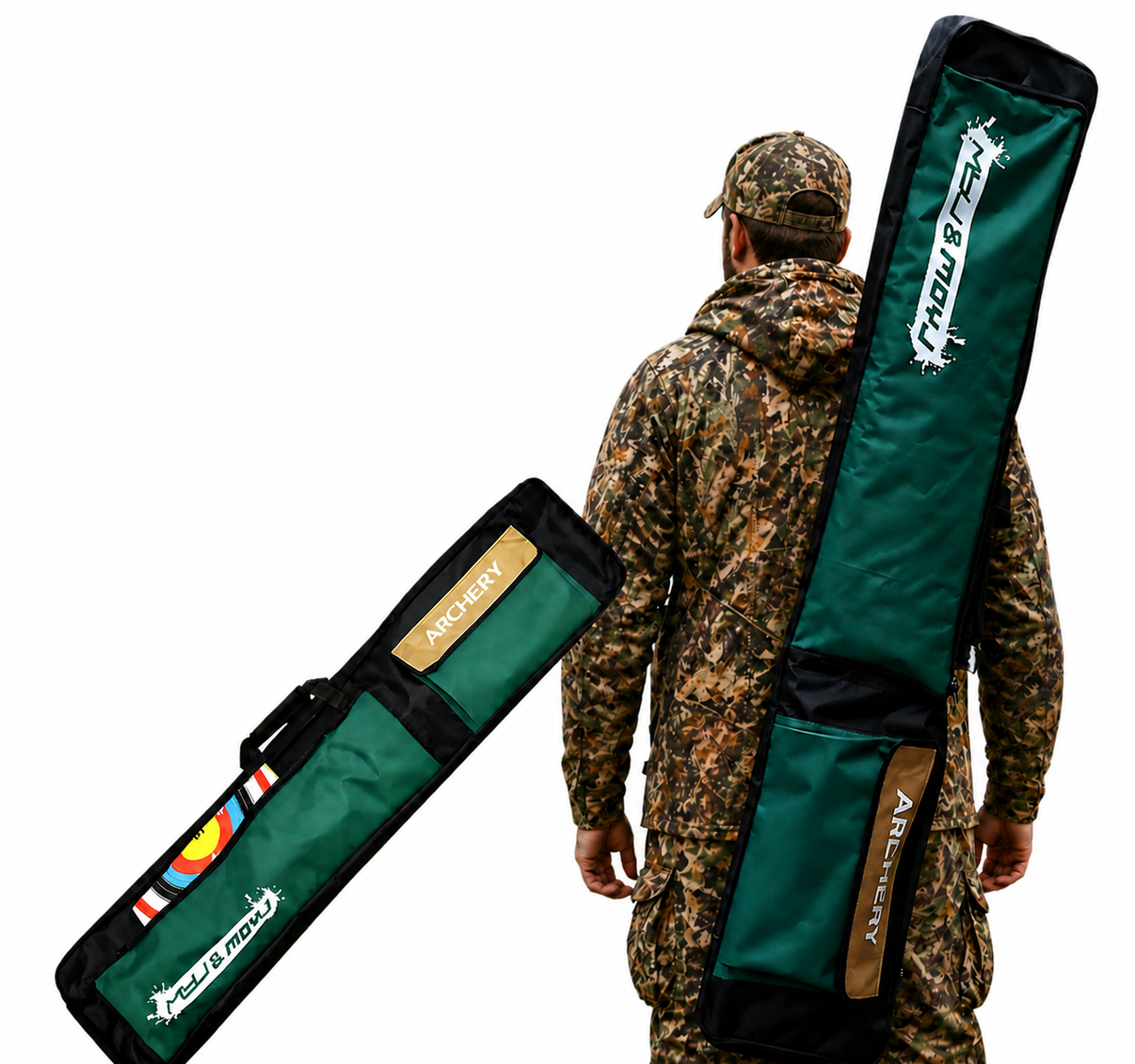 Hunter in camouflage clothing carrying a green and black archery bow case on a white background for outdoor bow storage and transport.