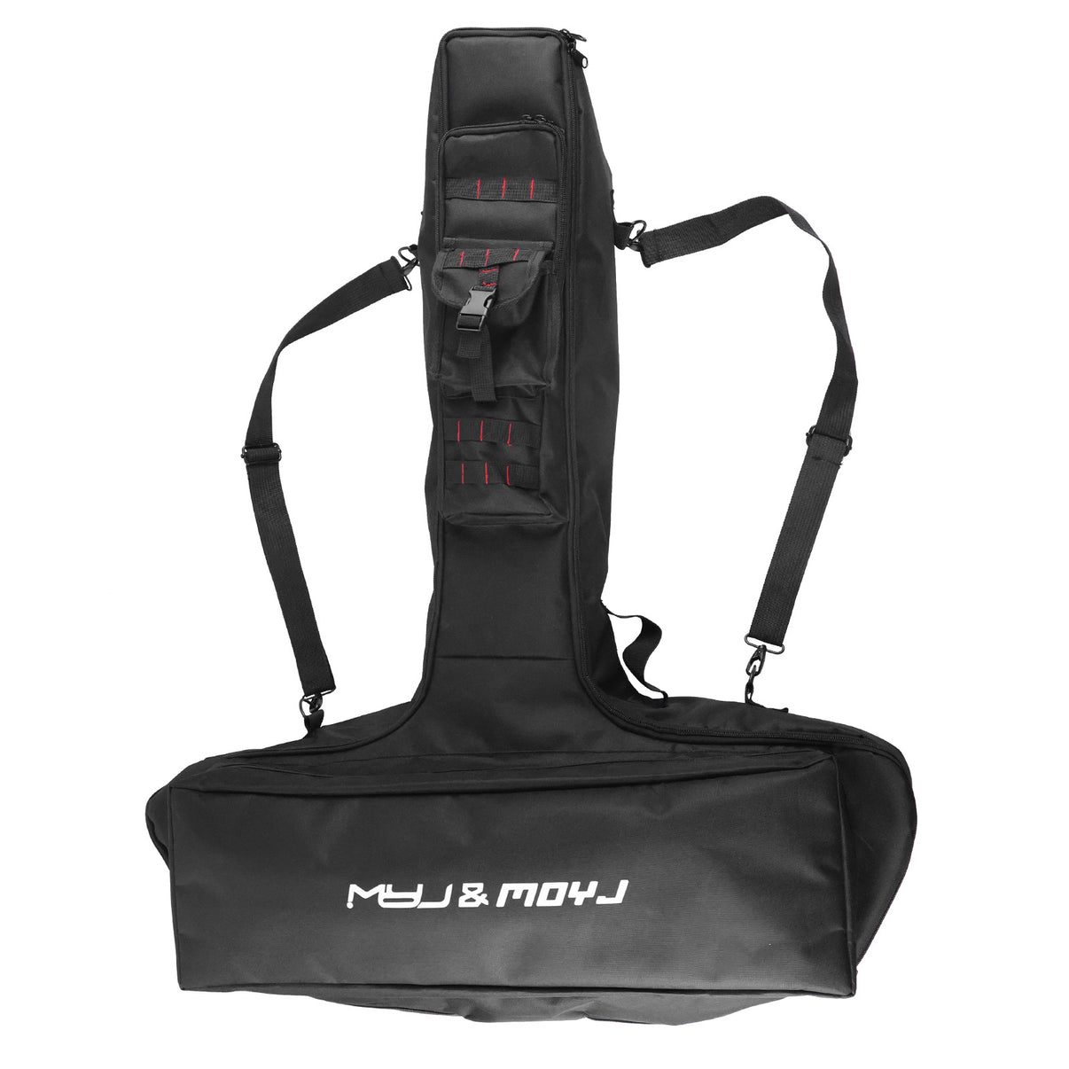 Black T-shaped archery bow case with shoulder straps, carrying handle and large storage compartment for hunting bows and accessories