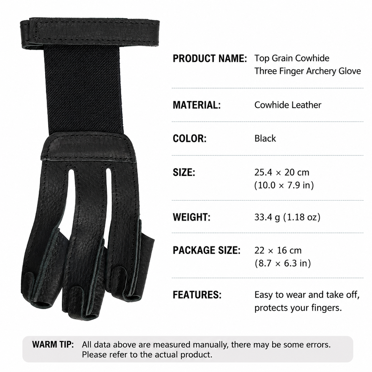 Top grain cowhide three finger archery glove with product specifications, black leather bow shooting glove